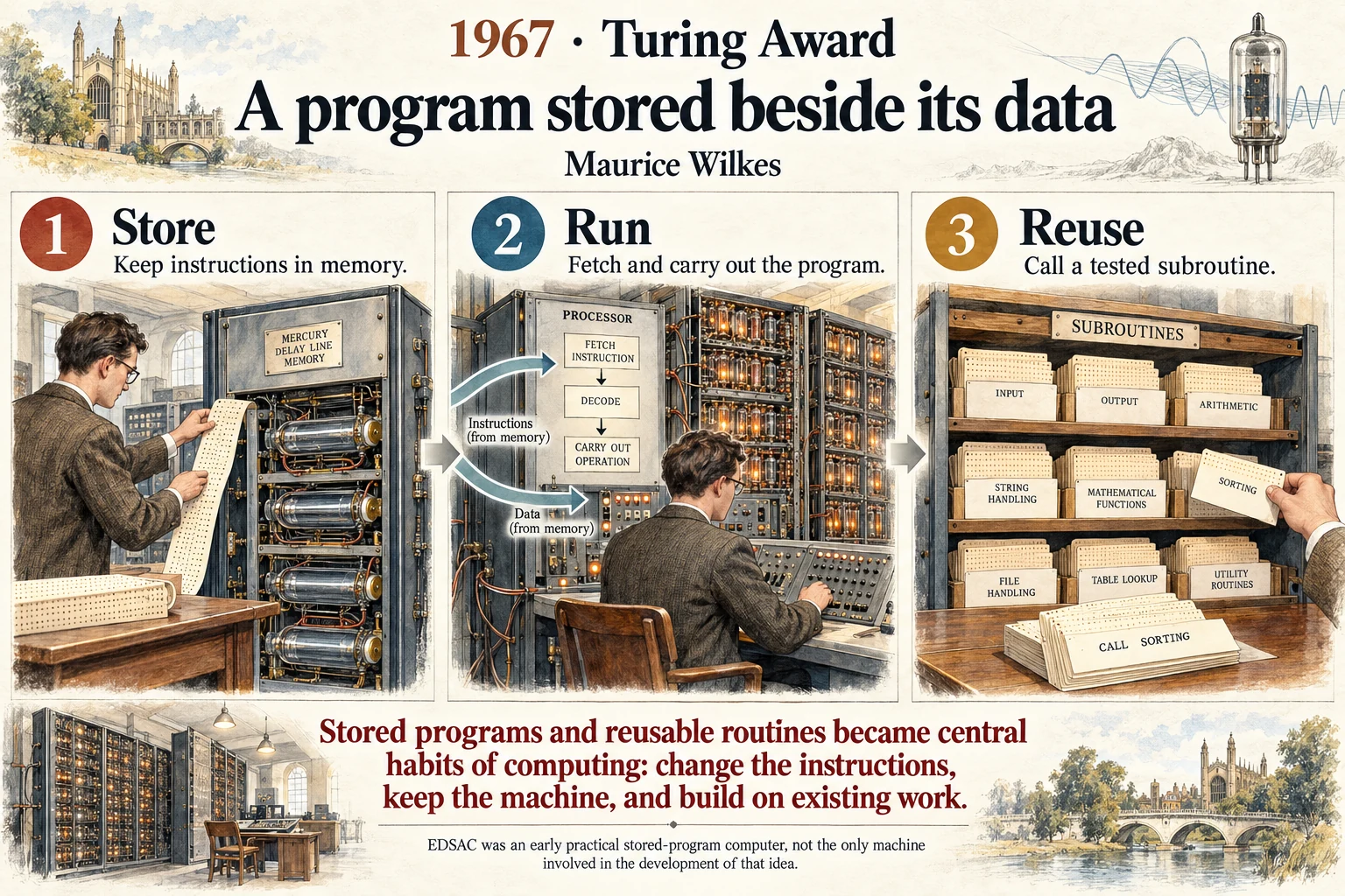 A program stored beside its data: EDSAC helped turn the stored-program idea into a working scientific tool.