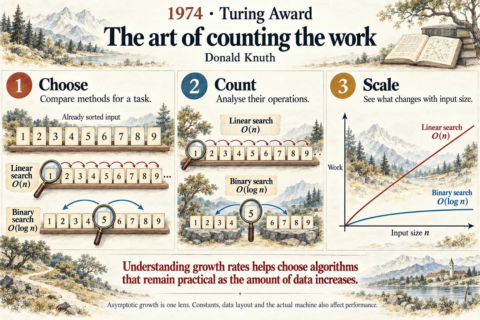 The art of counting the work: Algorithm analysis asks how a method scales, not just whether it finishes.