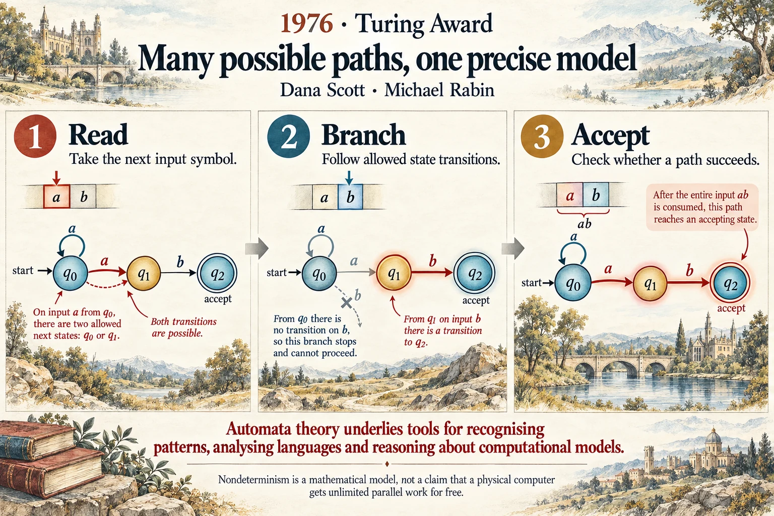 Many possible paths, one precise model: Nondeterministic automata made branching computation mathematically tractable.