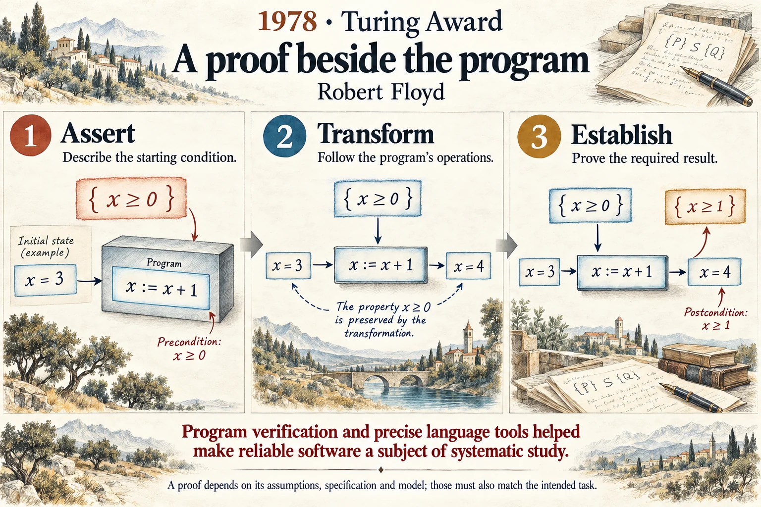 A proof beside the program: Assertions turn a program’s intended behaviour into something that can be reasoned about.