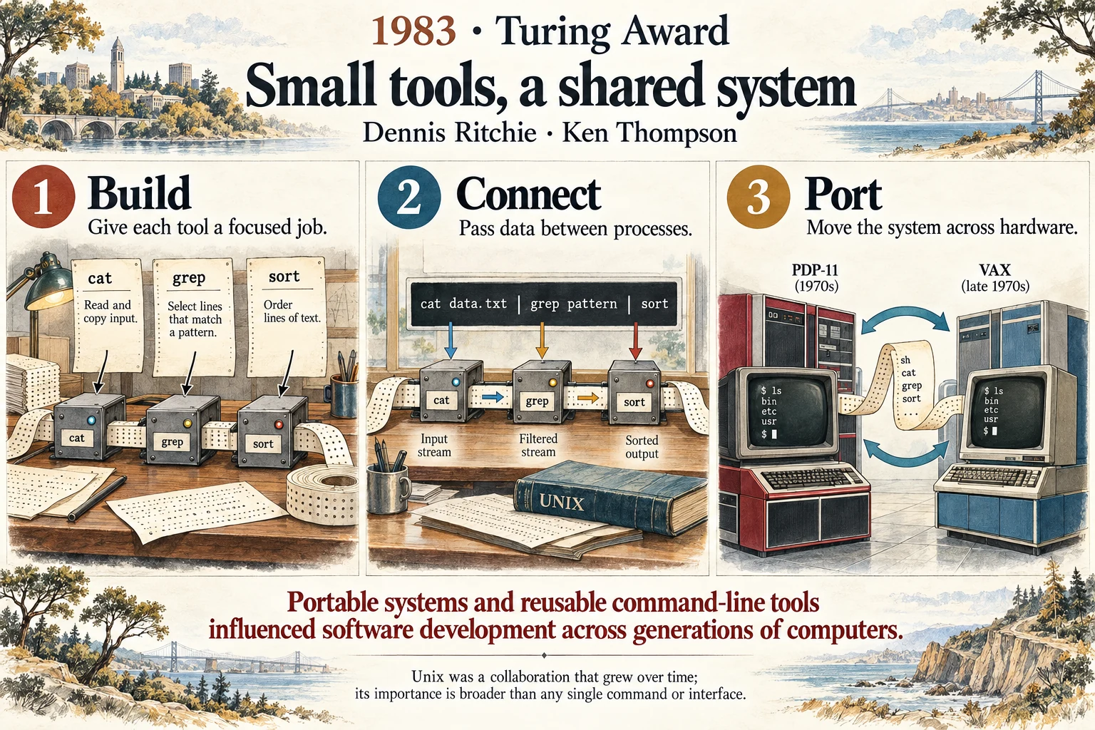Small tools, a shared system: Unix made a portable operating system and composable tools a lasting combination.