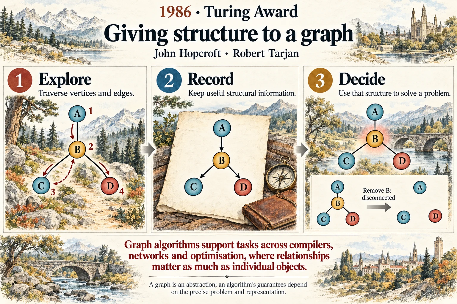 Giving structure to a graph: Efficient graph algorithms reveal relationships without repeatedly exploring everything.