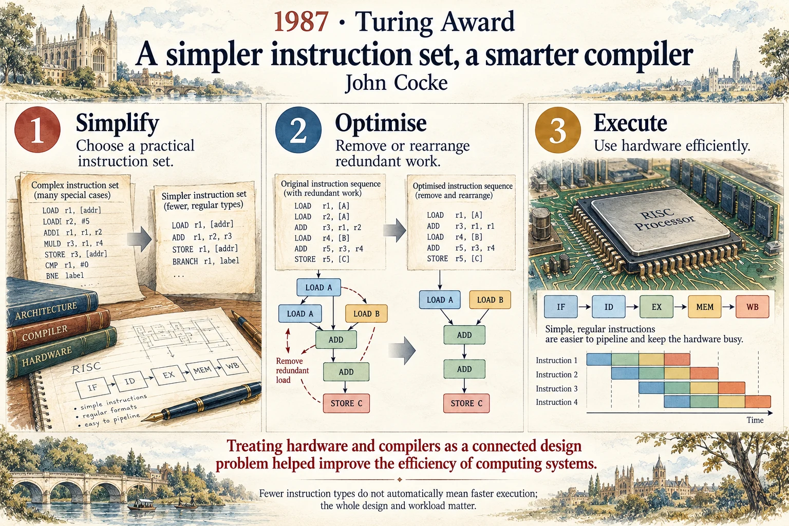 A simpler instruction set, a smarter compiler: Hardware and compiler design can make each other more effective.