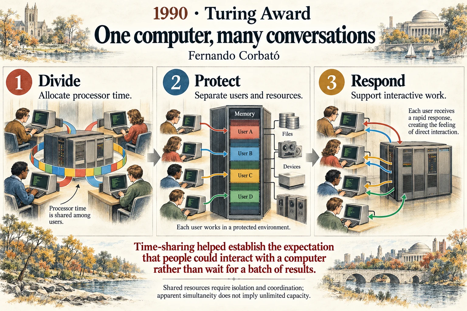 One computer, many conversations: Time-sharing made interactive computing available to multiple users.