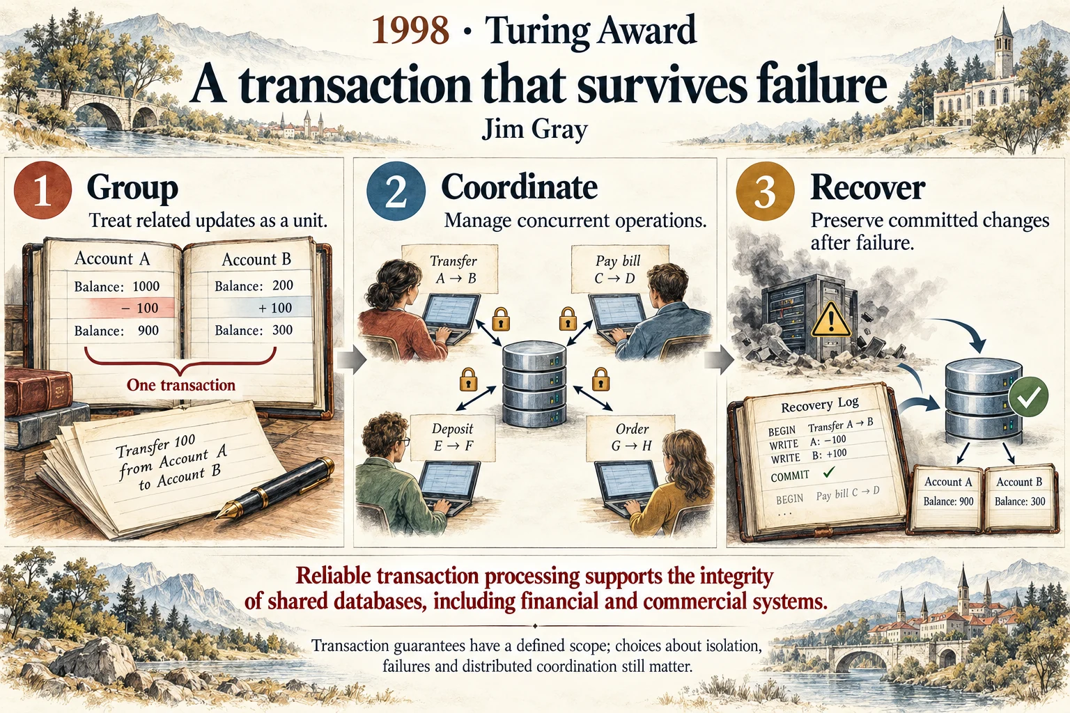 A transaction that survives failure: Databases must preserve meaningful changes even when computers crash.
