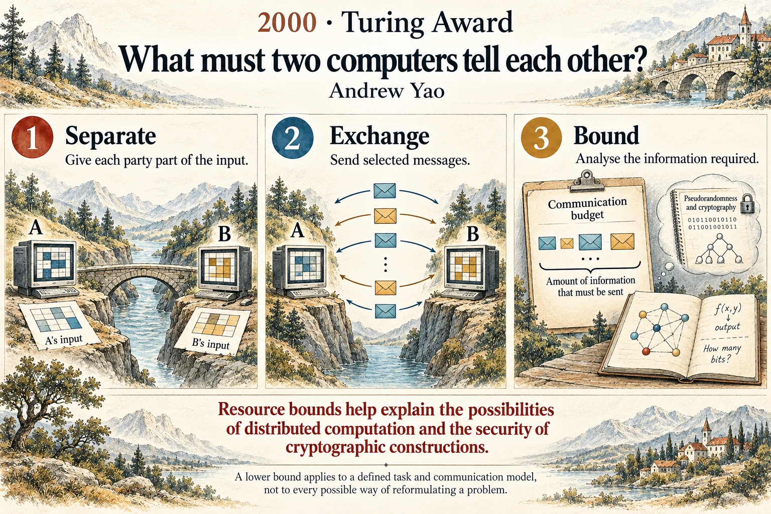 What must two computers tell each other?: Communication, randomness and secrecy became questions with mathematical resource bounds.