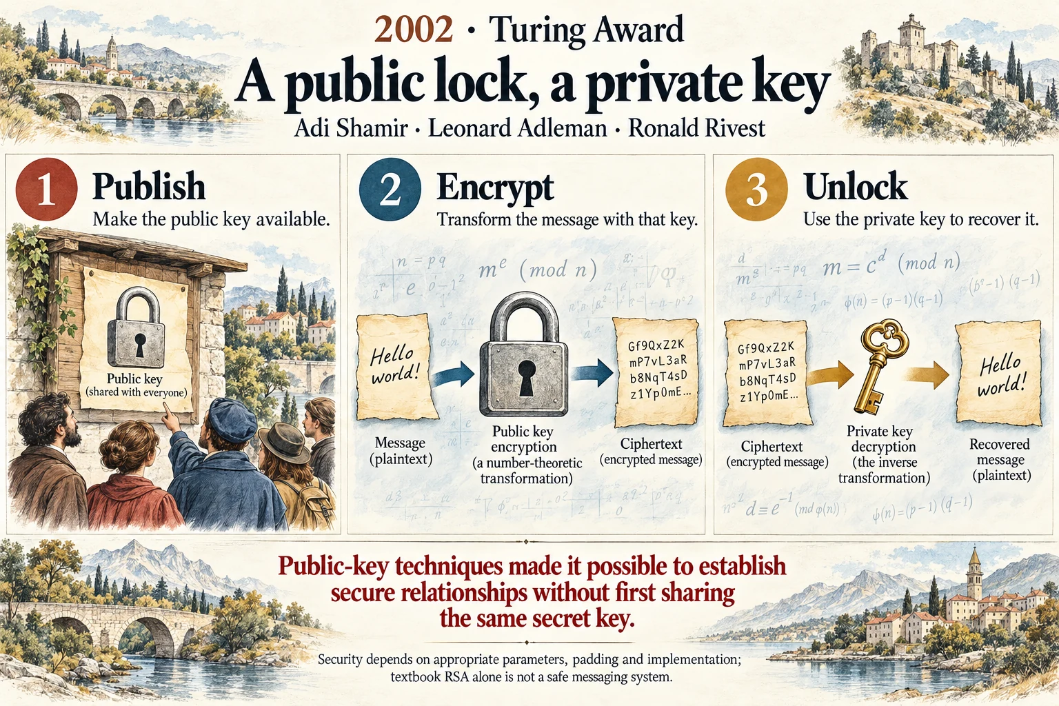 A public lock, a private key: RSA made public-key cryptography a concrete mathematical construction.