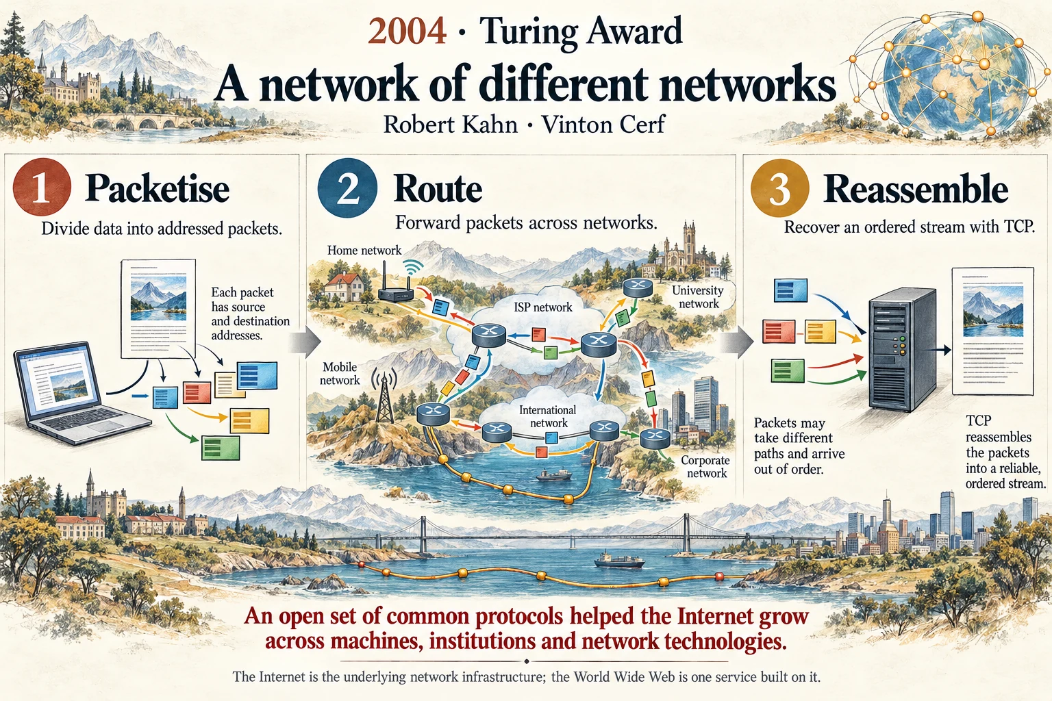 A network of different networks: TCP/IP let independently designed networks communicate through common rules.
