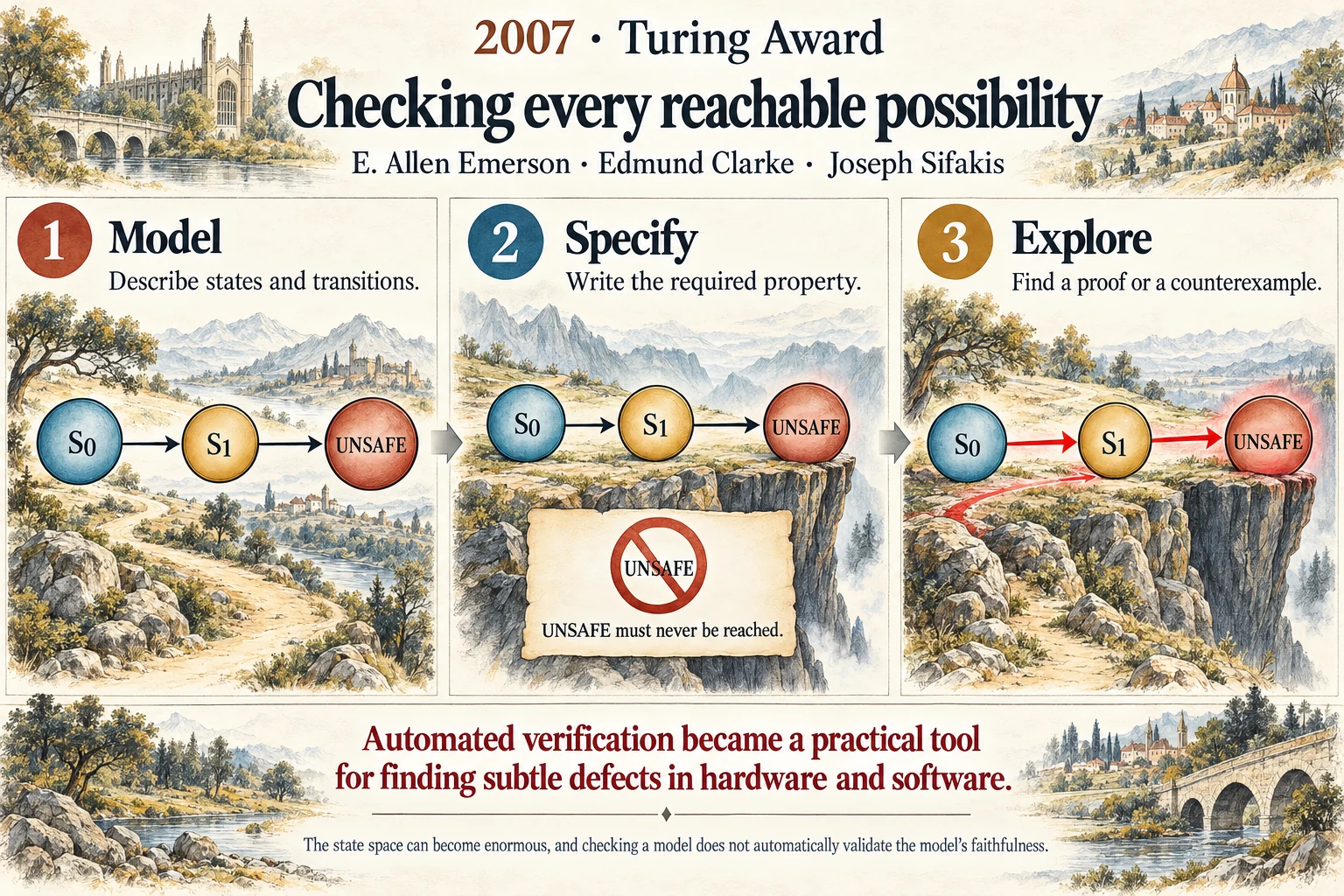 Checking every reachable possibility: Model checking turns a system’s behaviour into a graph that can be explored automatically.
